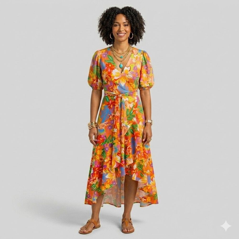 ​Flying Tomato Dress S Floral Wrap High Low Puff Sleeve Cotton Colorful Bohemian
